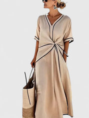 Margaux Saintclaire | Beige V-Neck Twist Waist Maxi Dress