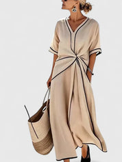 Margaux Saintclaire | Beige V-Neck Twist Waist Maxi Dress