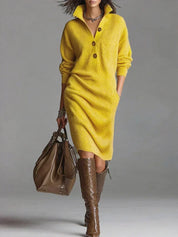 Emmeline Vautrin | Yellow Knit Midi Sweater Dress with Button Collar
