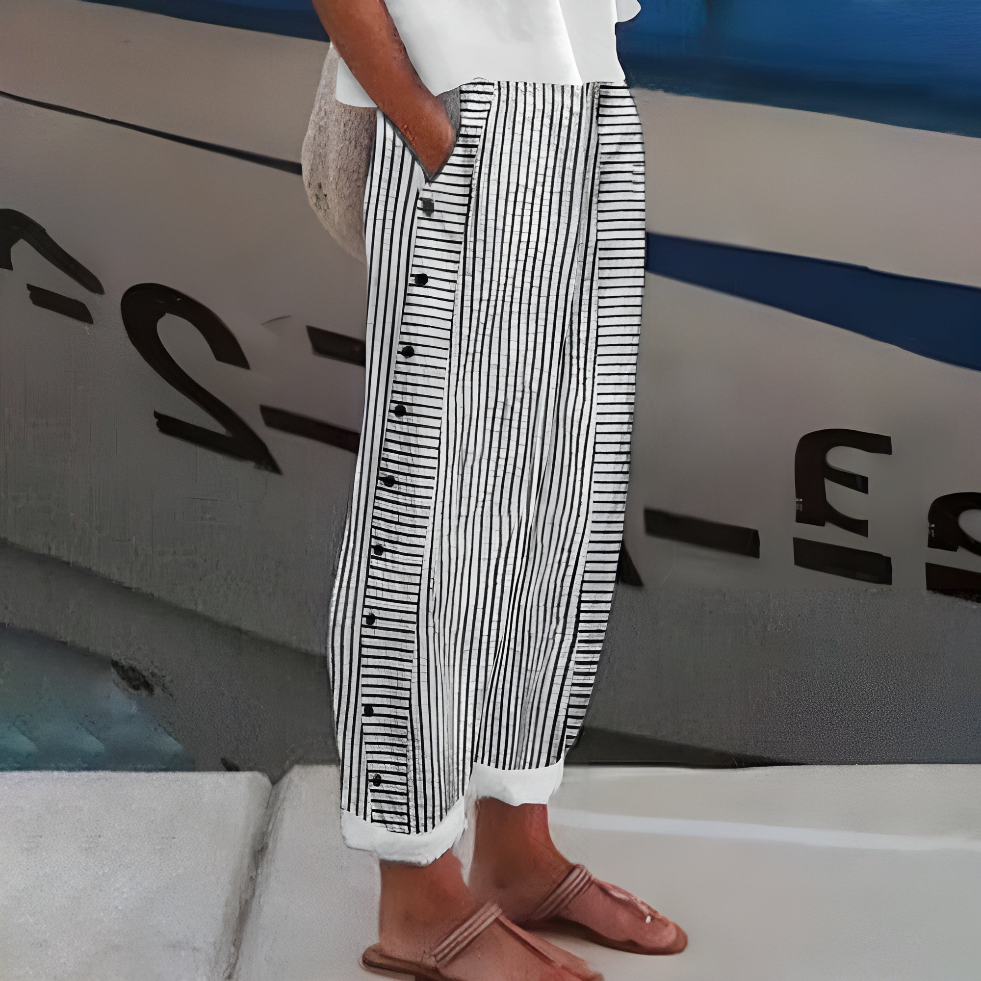 Mireille Fontblanc | Blue Striped Wide-Leg Trousers with Side Pockets