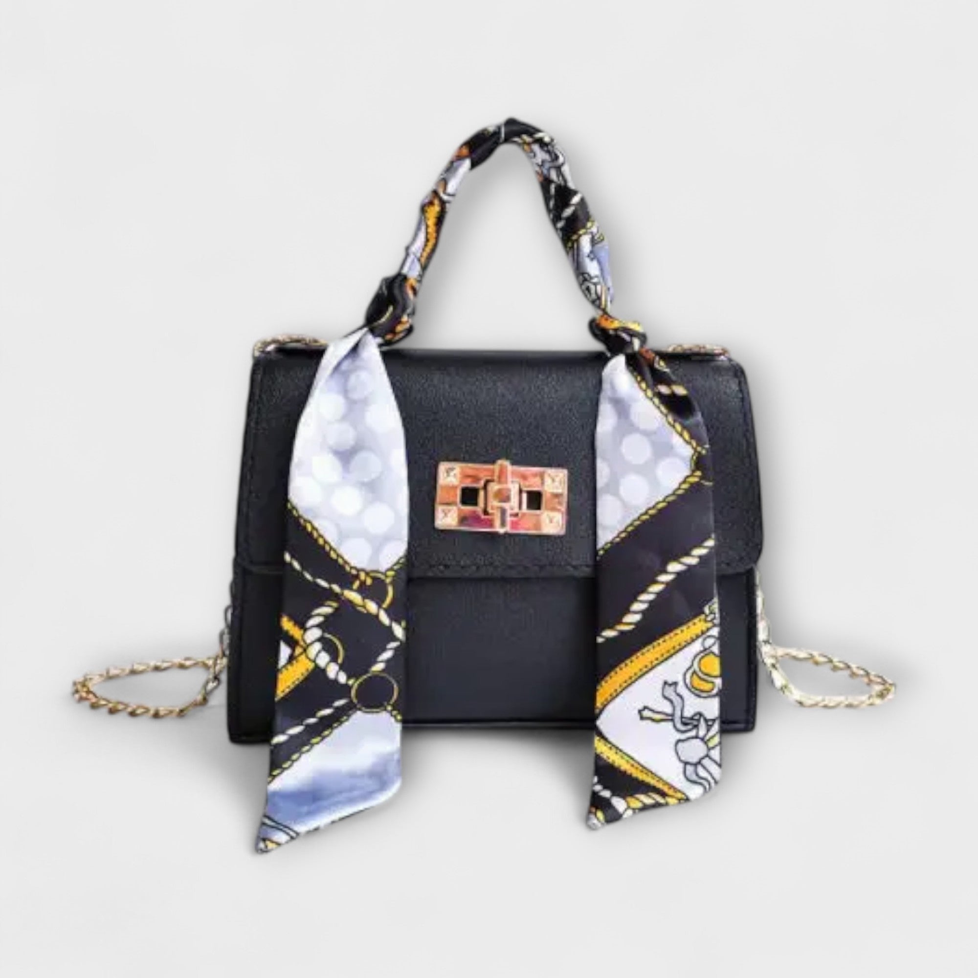 Juliette Moreau | Black Structured Handbag with Scarf Handle & Gold Chain