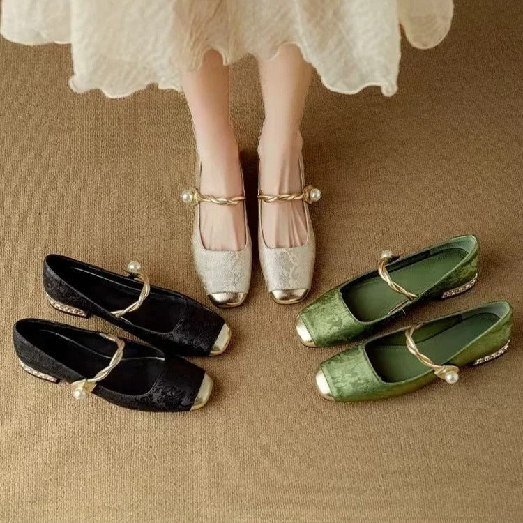 Eloïse Ravencroft | Green Pearl Strap Mary Jane Low Block Heel