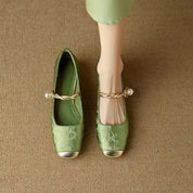 Eloïse Ravencroft | Green Pearl Strap Mary Jane Low Block Heel