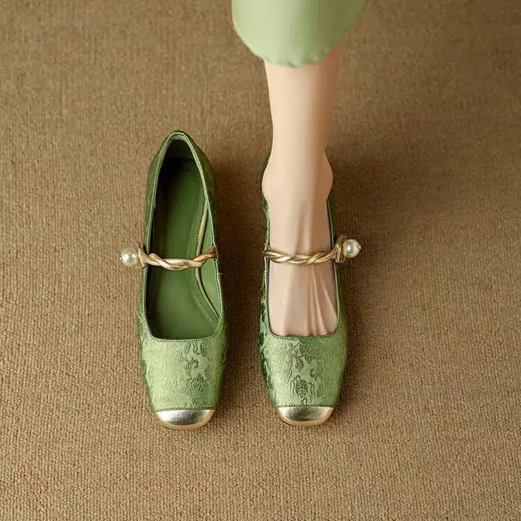 Eloïse Ravencroft | Green Pearl Strap Mary Jane Low Block Heel
