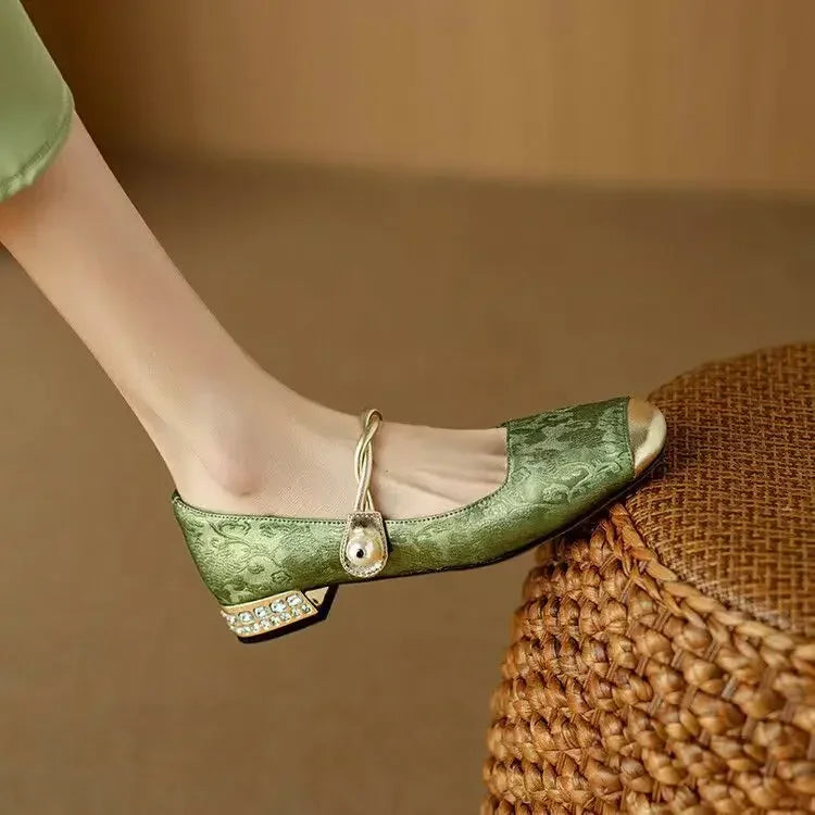 Eloïse Ravencroft | Green Pearl Strap Mary Jane Low Block Heel