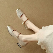 Eloïse Ravencroft | Green Pearl Strap Mary Jane Low Block Heel