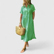 Clarisse Devonport | Blue Striped Linen Midi Shirt Dress