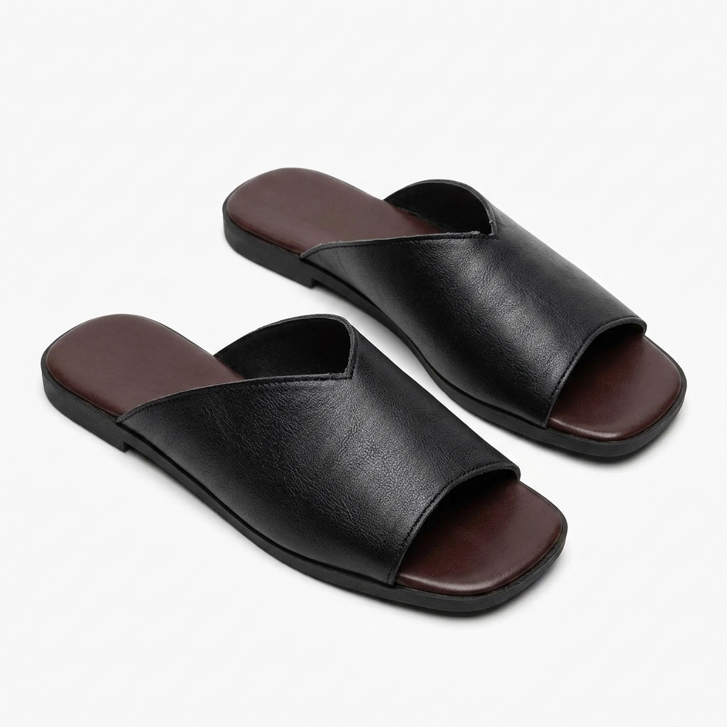 Natasha Ellermonde | Black Flat Open-Toe Slide Sandals