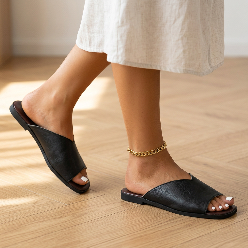 Natasha Ellermonde | Black Flat Open-Toe Slide Sandals