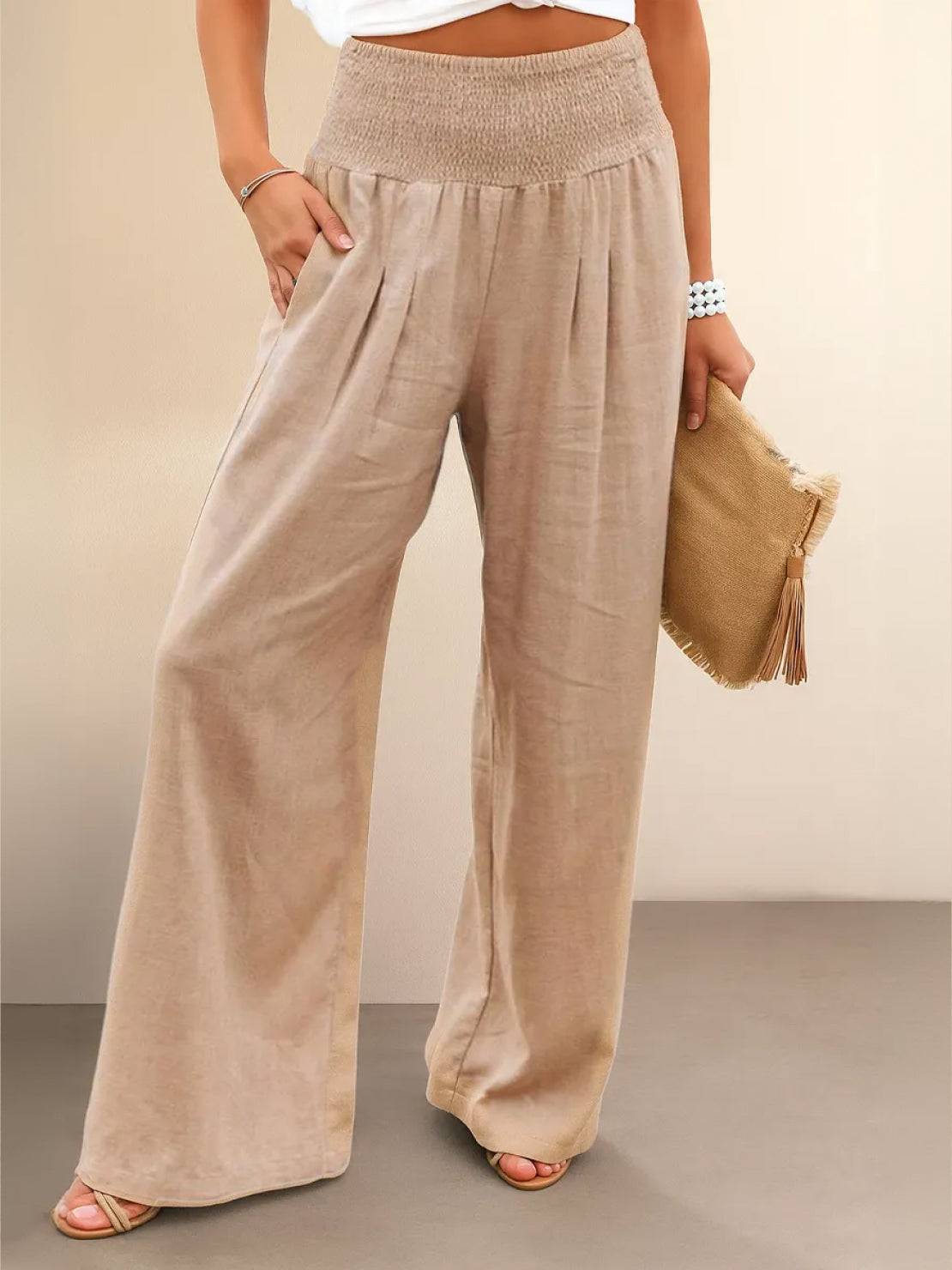 Céleste Vaumoreau | Wide Leg Linen-Look Pants with Smocked Waistband