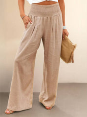Céleste Vaumoreau | Wide Leg Linen-Look Pants with Smocked Waistband