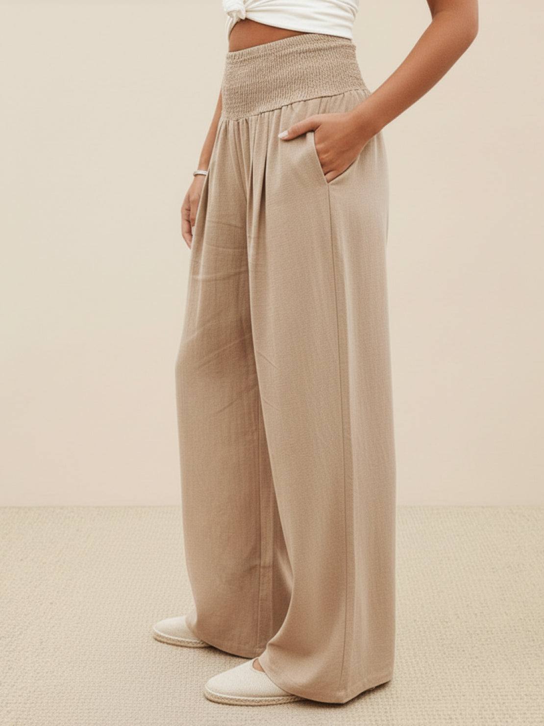 Céleste Vaumoreau | Wide Leg Linen-Look Pants with Smocked Waistband