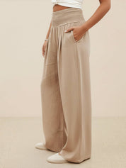 Céleste Vaumoreau | Wide Leg Linen-Look Pants with Smocked Waistband