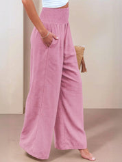 Céleste Vaumoreau | Wide Leg Linen-Look Pants with Smocked Waistband
