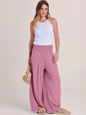 Céleste Vaumoreau | Wide Leg Linen-Look Pants with Smocked Waistband
