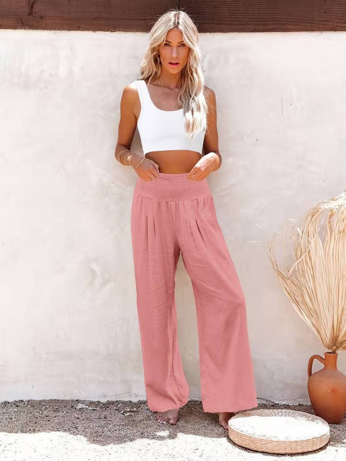 Céleste Vaumoreau | Wide Leg Linen-Look Pants with Smocked Waistband