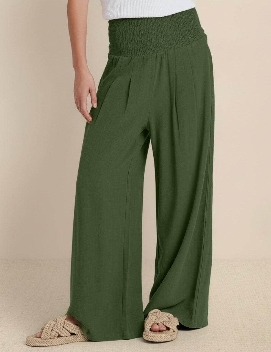 Céleste Vaumoreau | Wide Leg Linen-Look Pants with Smocked Waistband