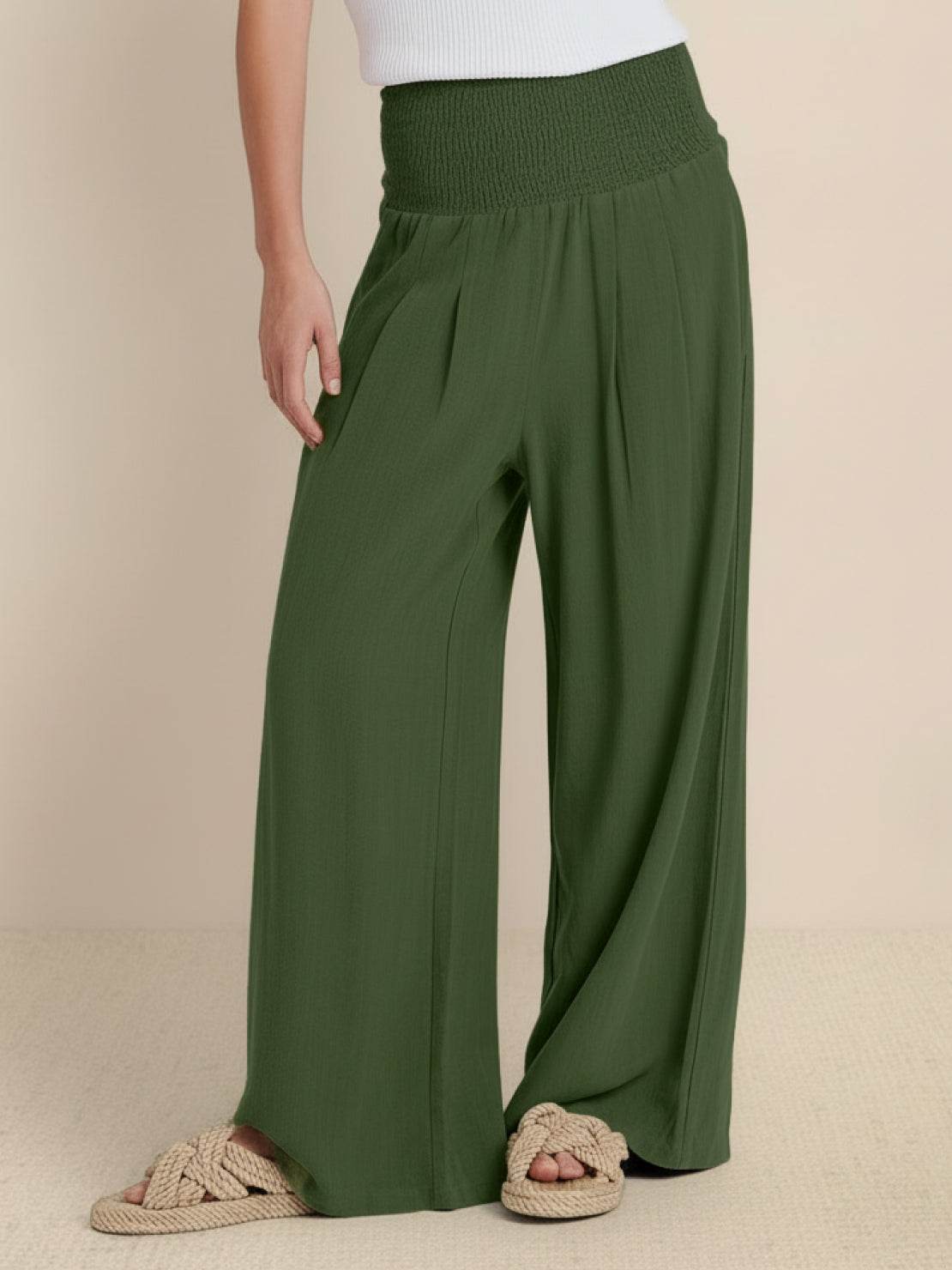 Céleste Vaumoreau | Wide Leg Linen-Look Pants with Smocked Waistband