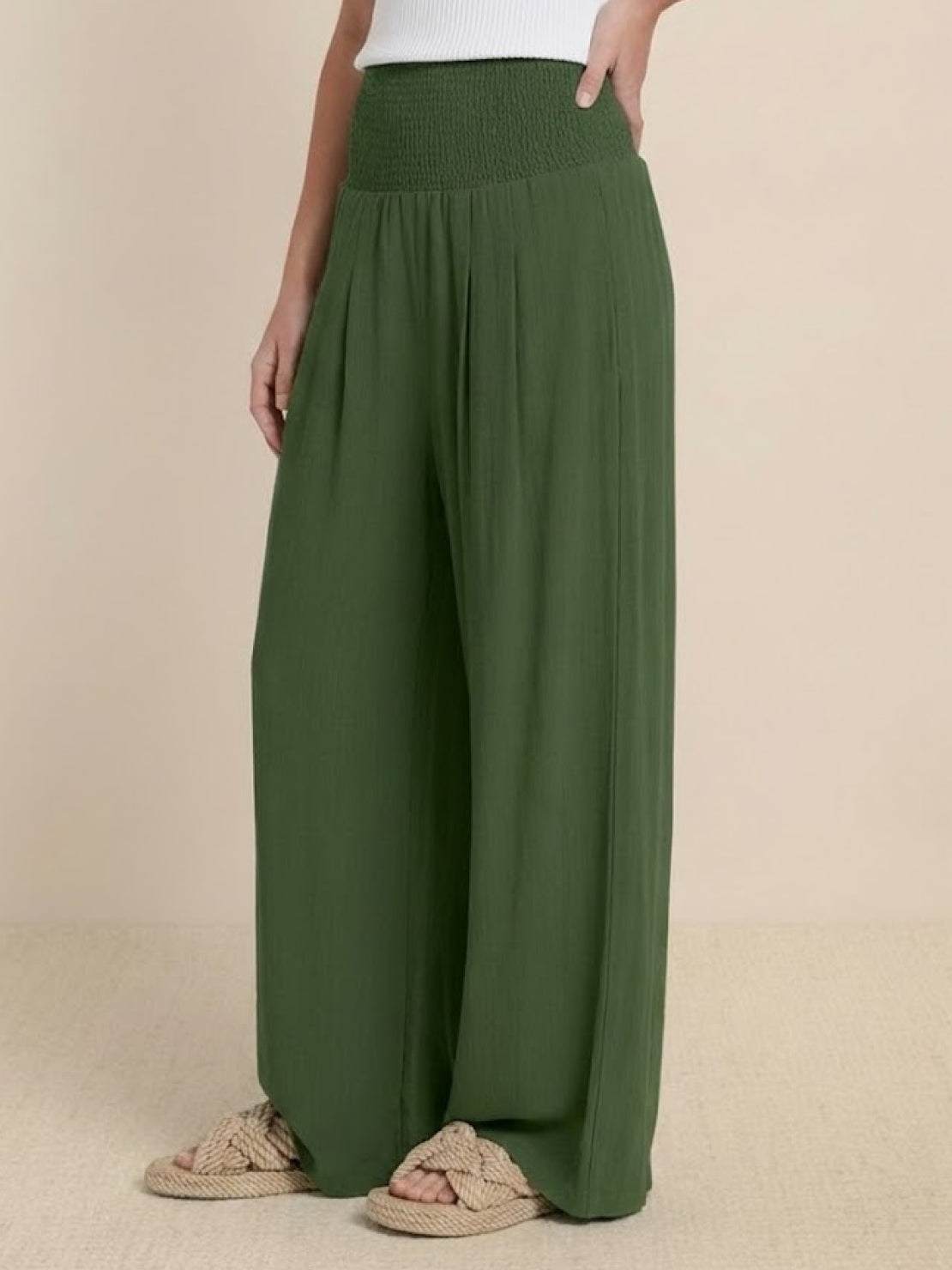 Céleste Vaumoreau | Wide Leg Linen-Look Pants with Smocked Waistband
