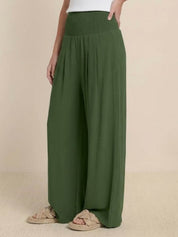 Céleste Vaumoreau | Wide Leg Linen-Look Pants with Smocked Waistband