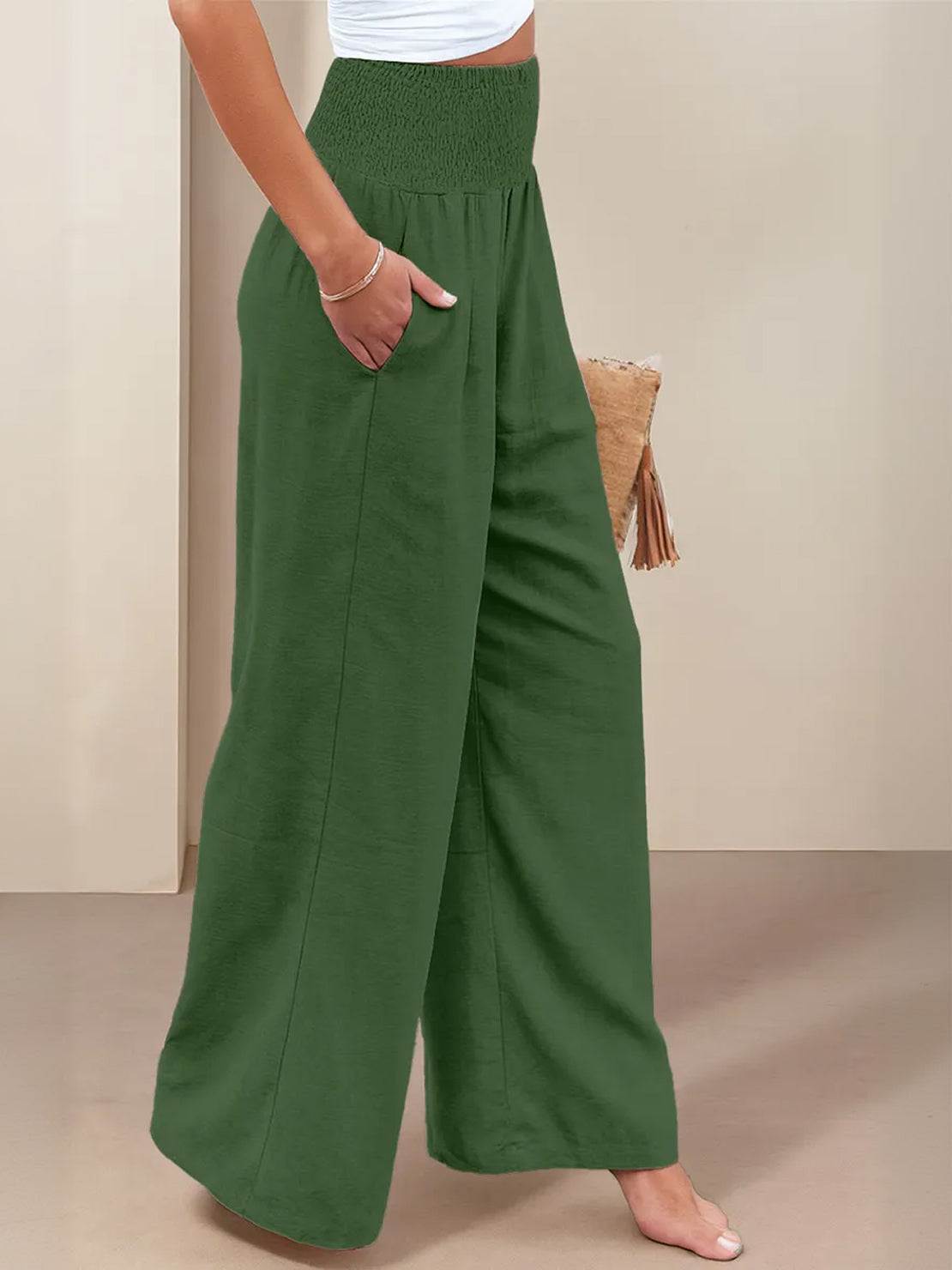 Céleste Vaumoreau | Wide Leg Linen-Look Pants with Smocked Waistband