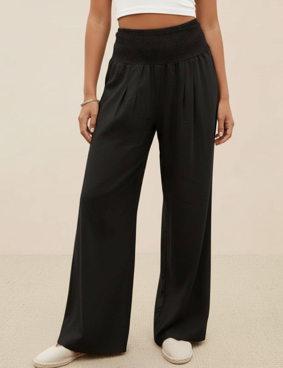 Céleste Vaumoreau | Wide Leg Linen-Look Pants with Smocked Waistband