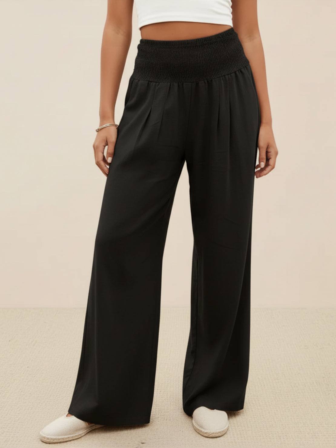 Céleste Vaumoreau | Wide Leg Linen-Look Pants with Smocked Waistband