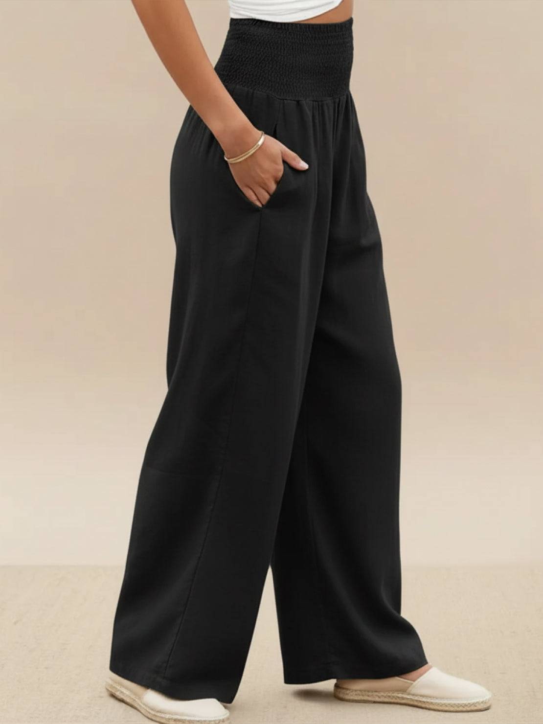 Céleste Vaumoreau | Wide Leg Linen-Look Pants with Smocked Waistband