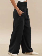 Céleste Vaumoreau | Wide Leg Linen-Look Pants with Smocked Waistband