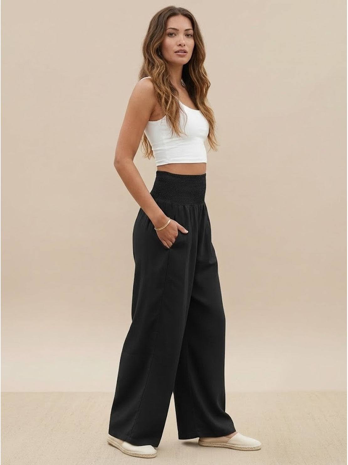 Céleste Vaumoreau | Wide Leg Linen-Look Pants with Smocked Waistband