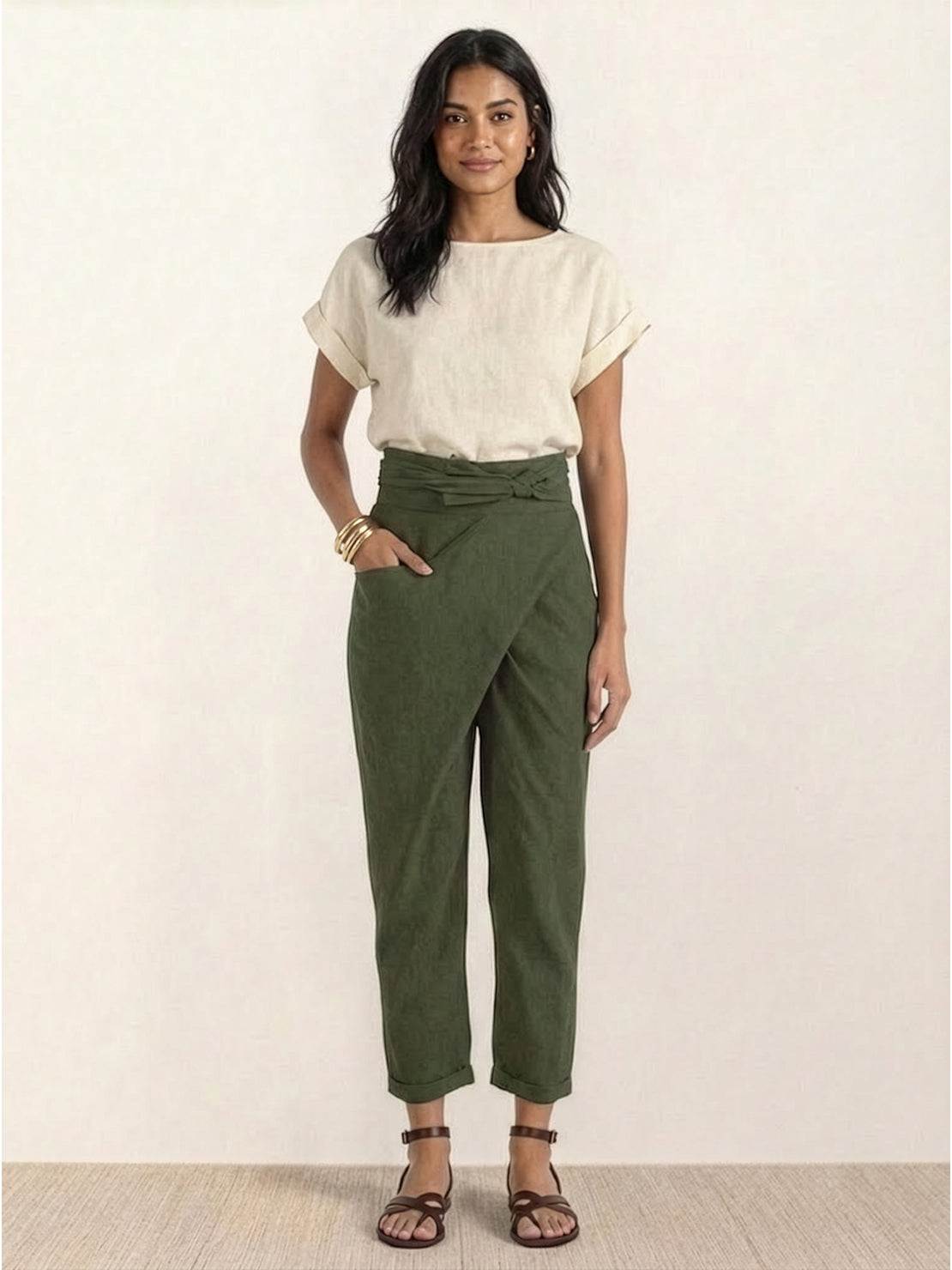 Mathilde Beauregard | High Waist Wrap Front Cropped Tapered Pants in Grey