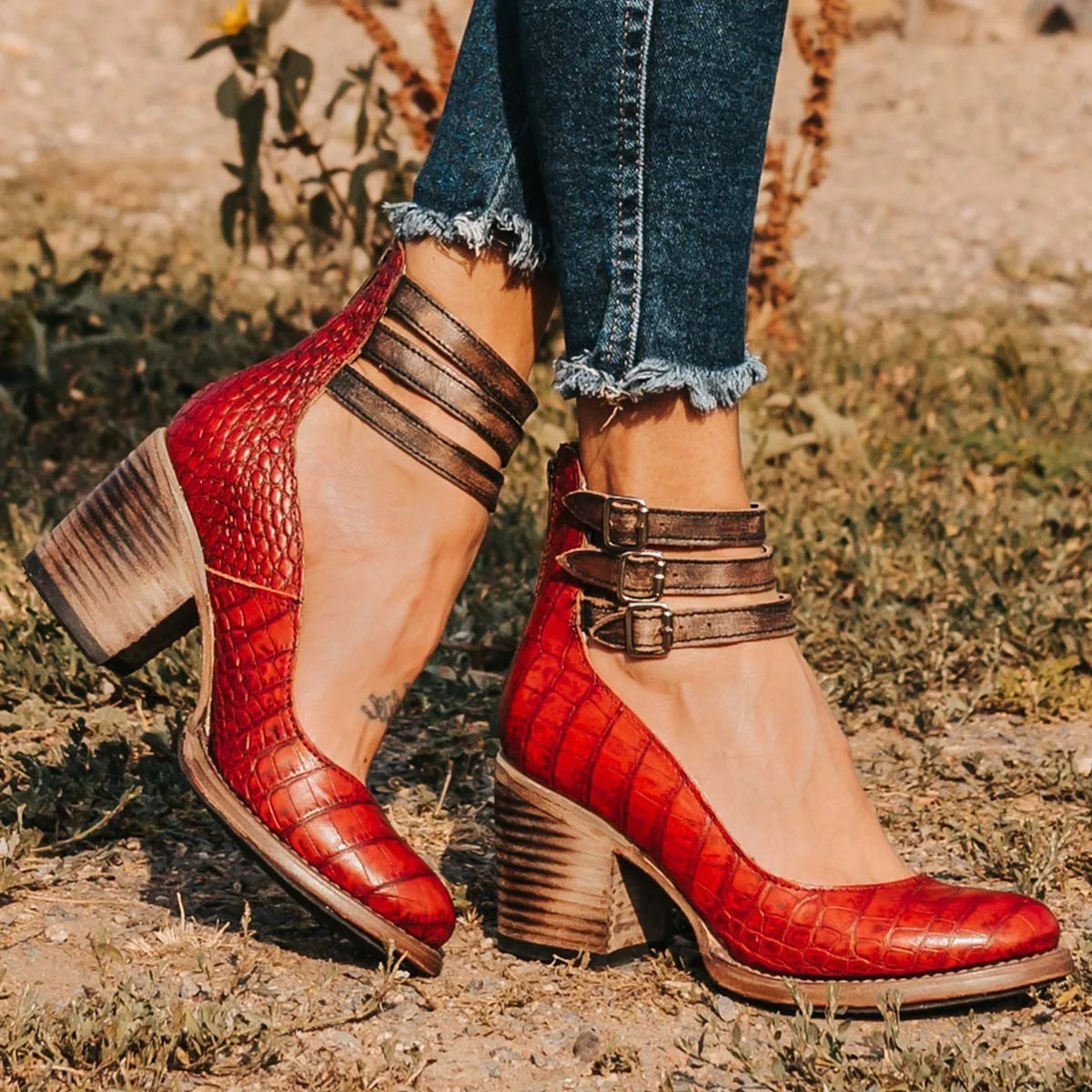 Eleanora Vosswick | Tan Leather Block Heel Ankle Boot with Double Buckle Straps