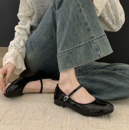 Margeline Ashcourt | Patent Black Mary Jane Flats with Low Block Heel