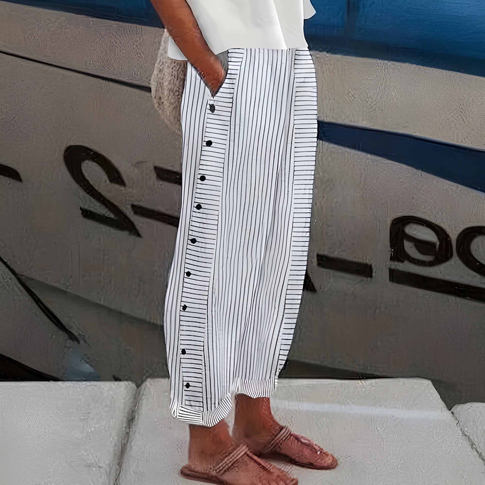 Mireille Fontblanc | Blue Striped Wide-Leg Trousers with Side Pockets