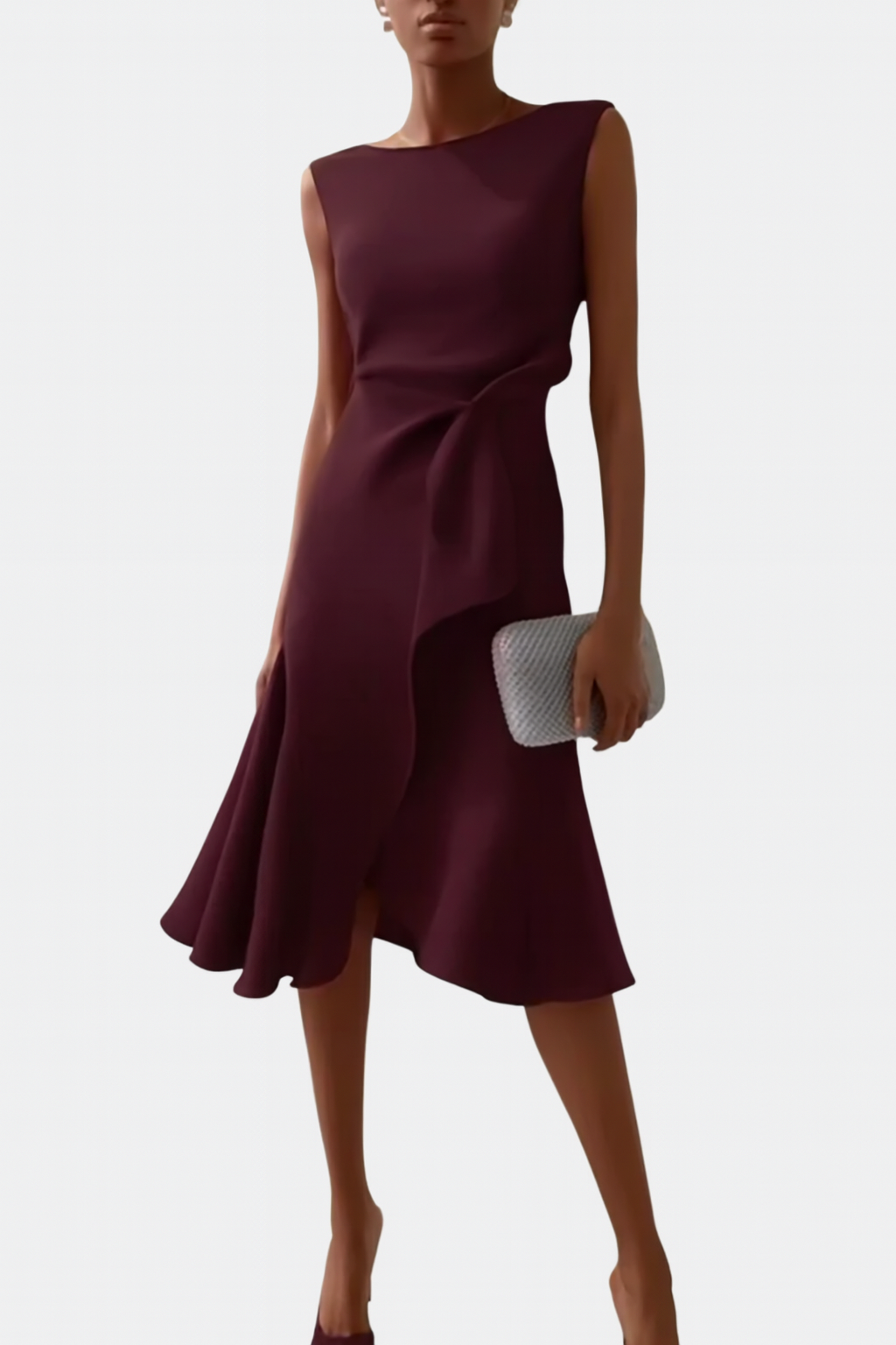 Celestine Beauvray | Red Sleeveless Asymmetric Draped Midi Dress