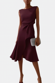 Celestine Beauvray | Red Sleeveless Asymmetric Draped Midi Dress