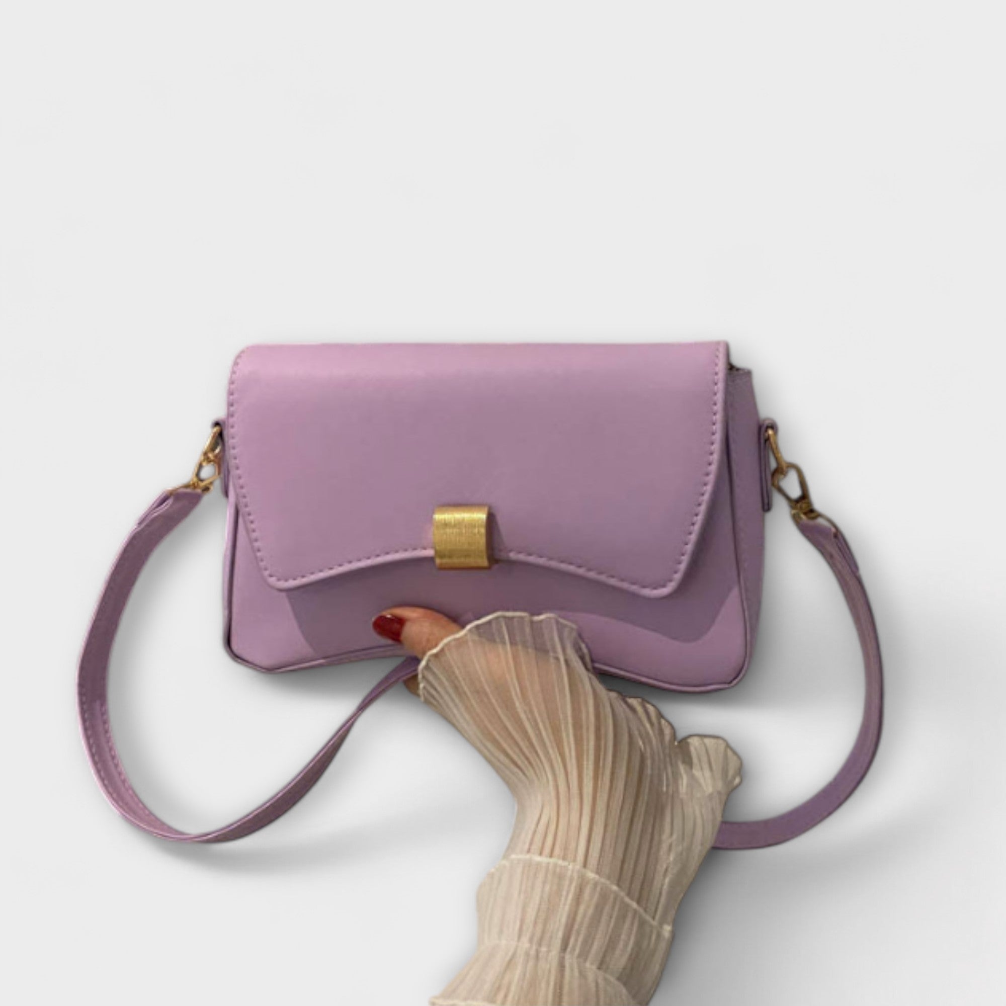 Clarisse Beaumont | Beige Faux Leather Shoulder Bag with Gold Clasp