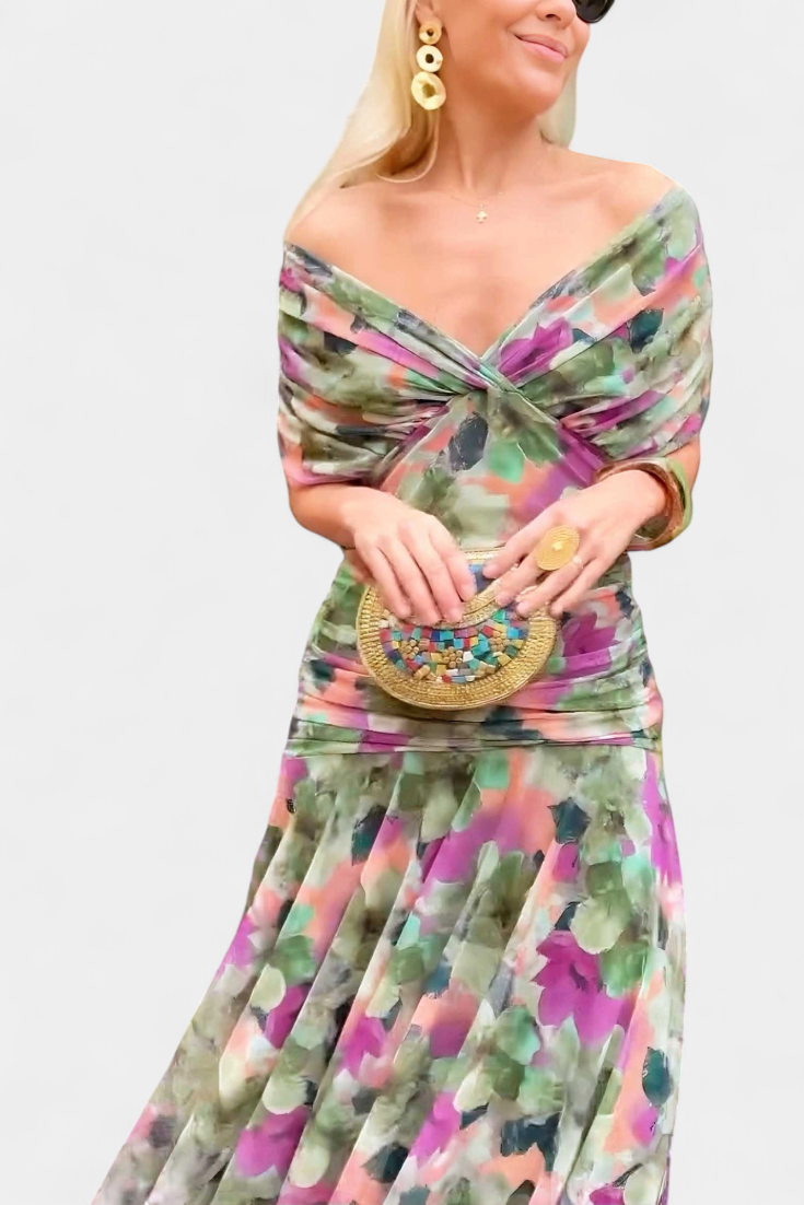 Seraphina Dunvale | Brown Off-Shoulder Ruched Maxi Dress