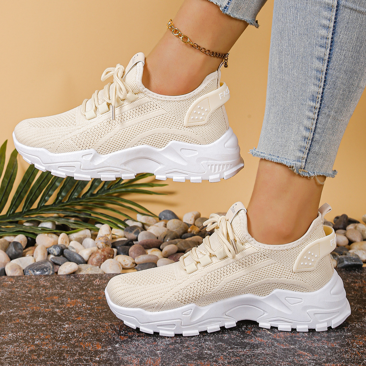 Penelope Ashcroft | Beige Mesh Platform Chunky Sneakers