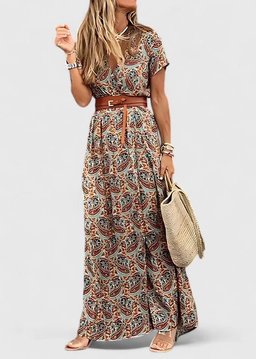 Ottavia Fonteneau | Navy Blue Boho Print Maxi Dress with Cap Sleeves