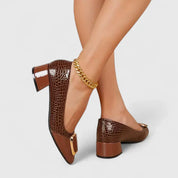 Vivienne Darcourt | Brown Croc-Embossed Block Heel Pumps