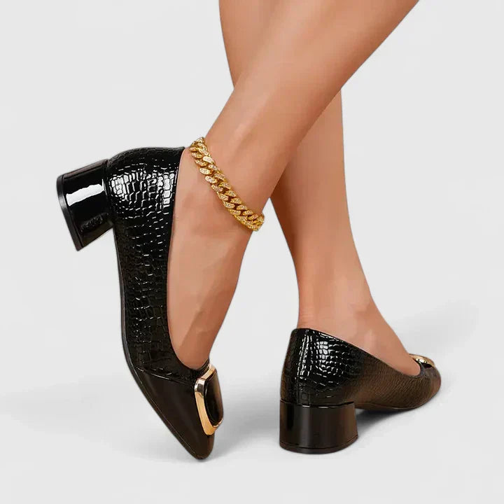 Vivienne Darcourt | Brown Croc-Embossed Block Heel Pumps