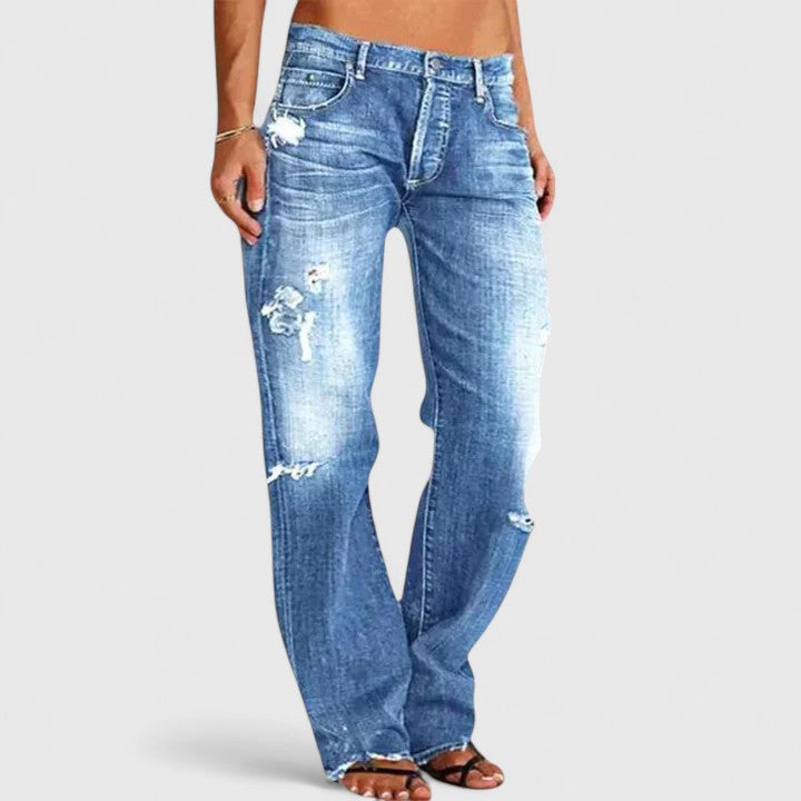 Cassandra Villemorin | Low Rise Distressed Straight Leg Jeans in Light Blue