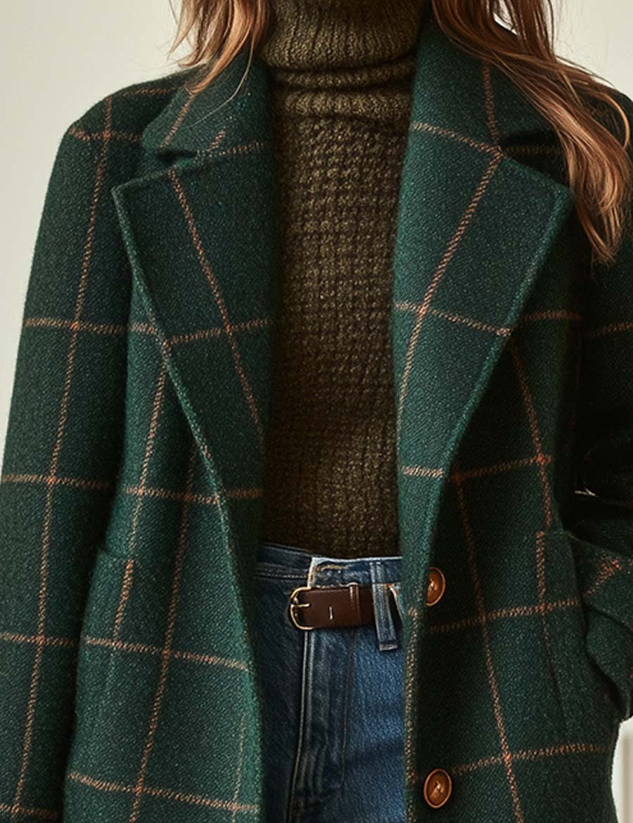 Sylviane Beaumont-Lacroix | Green Plaid Wool-Blend Lapel Overcoat