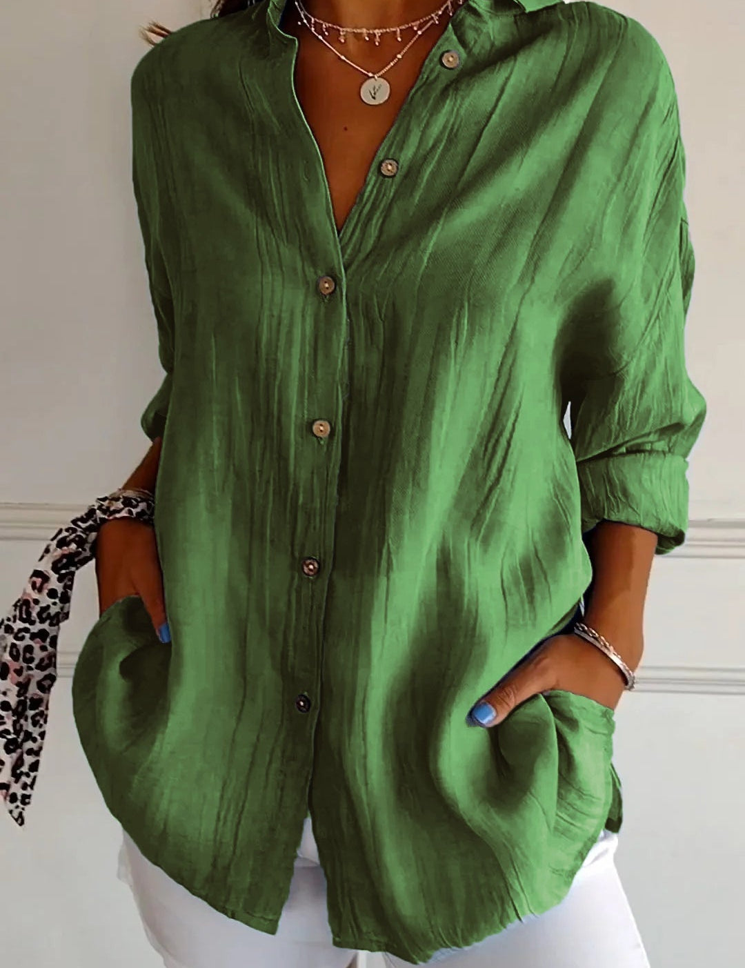 Odette Wyndmere | Oversized Blue Linen-Look Button-Down Shirt
