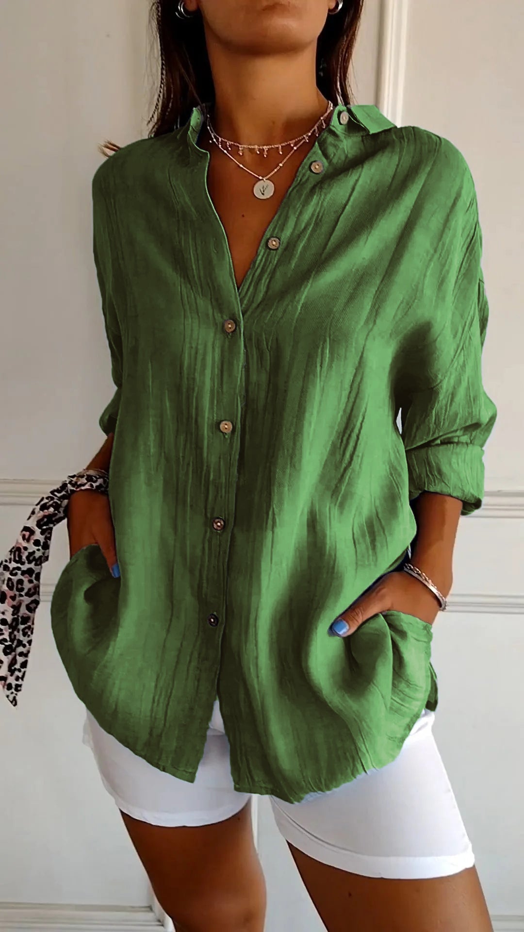 Odette Wyndmere | Oversized Blue Linen-Look Button-Down Shirt