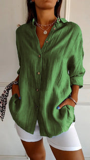 Odette Wyndmere | Oversized Blue Linen-Look Button-Down Shirt