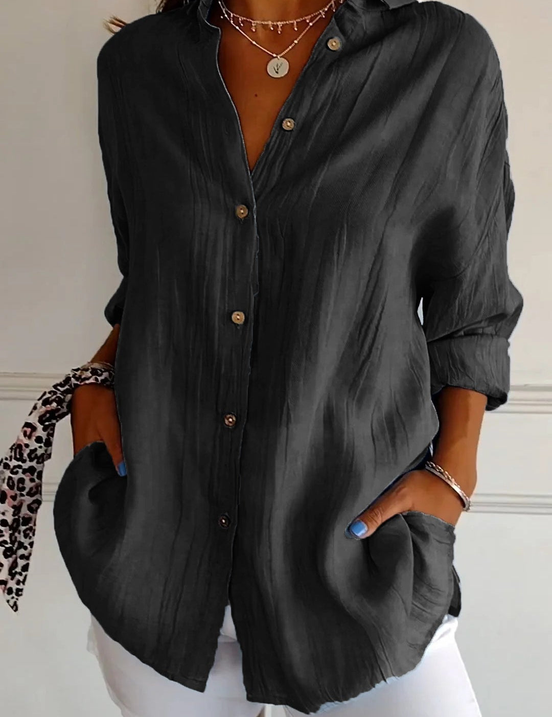 Odette Wyndmere | Oversized Blue Linen-Look Button-Down Shirt