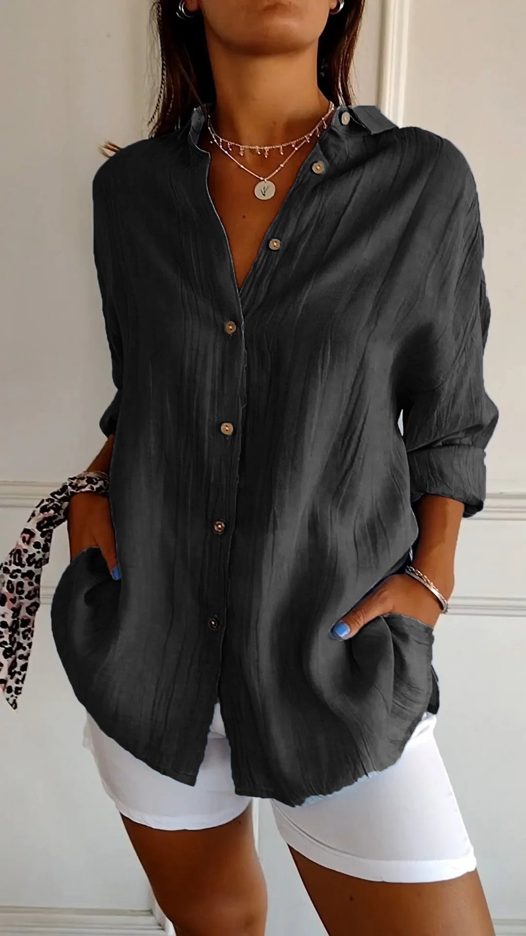 Odette Wyndmere | Oversized Blue Linen-Look Button-Down Shirt