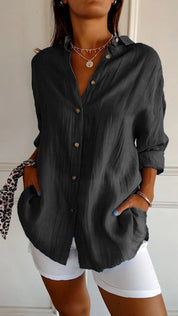 Odette Wyndmere | Oversized Blue Linen-Look Button-Down Shirt